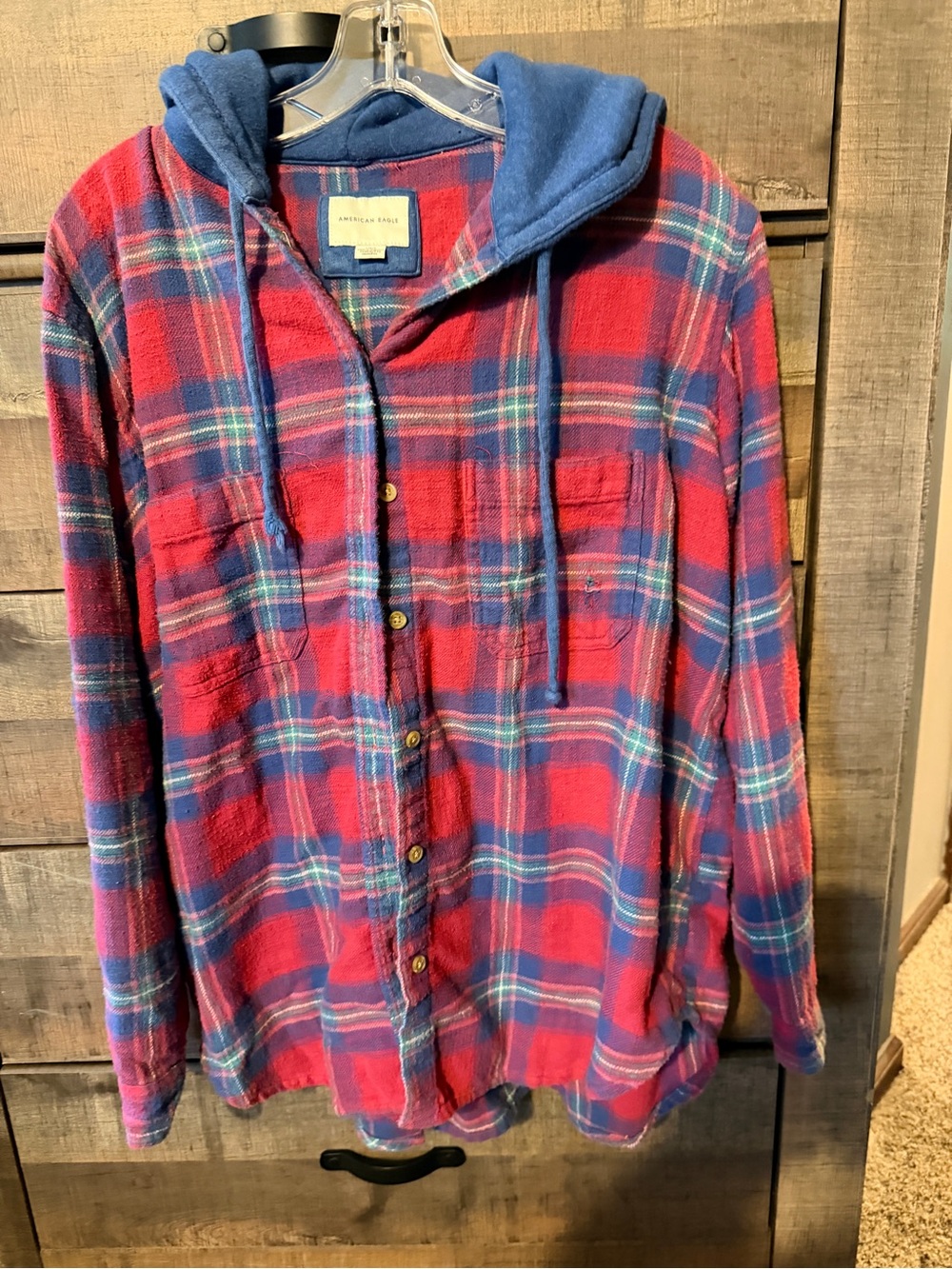 American Eagle Outfitters Red Plaid Distressed Flannel Shirt with Blue Hood